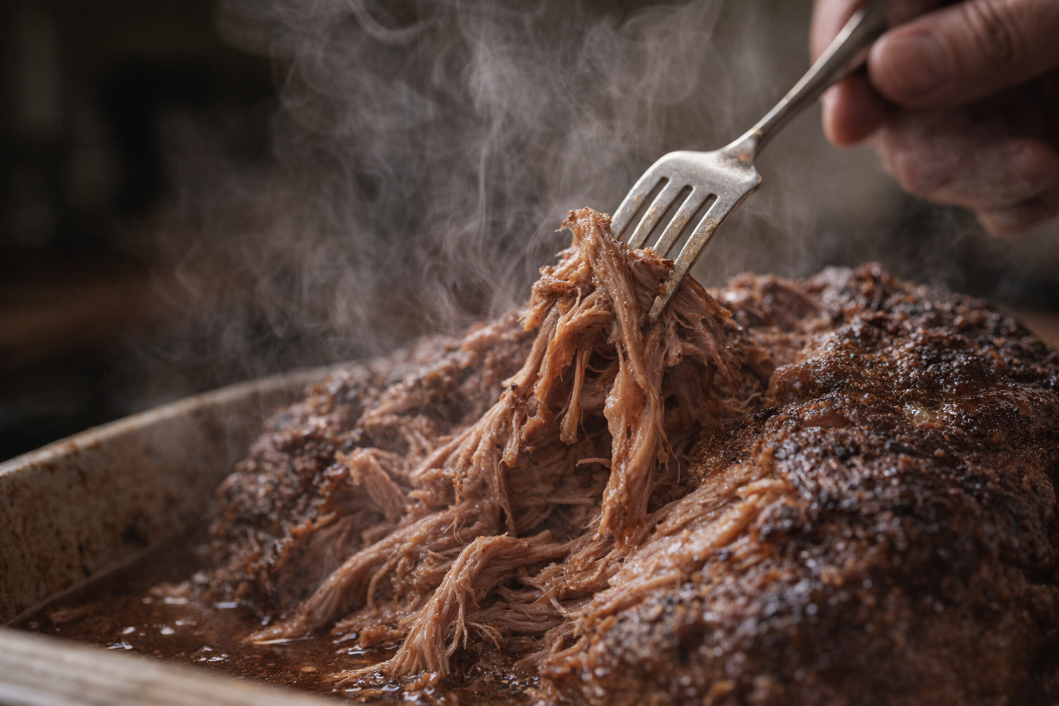 A close-up shot of a fork pulling apart tender, slow-cooked pork shoulder, steam rising, dark background